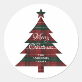 Red Green Plaid Tree Personalized Merry Christmas  Ronde Sticker (Voorkant)