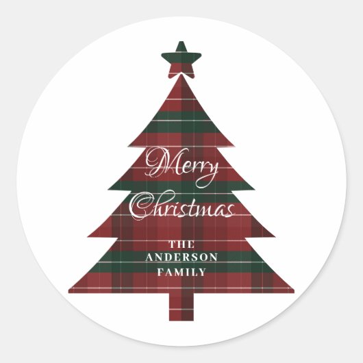 Red Green Plaid Tree Personalized Merry Christmas Ronde Sticker (Voorkant)
