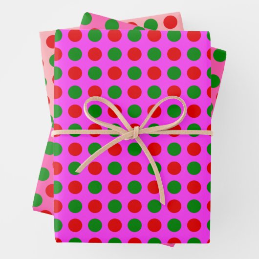 Red Green Polka Dot Pattern Roze Kerstmis Inpakpapier Vel (In situ)