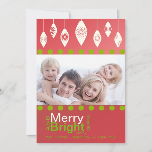 Red Green Retro Merry en Bright Family Photo Card Feestdagenkaart (Voorkant)