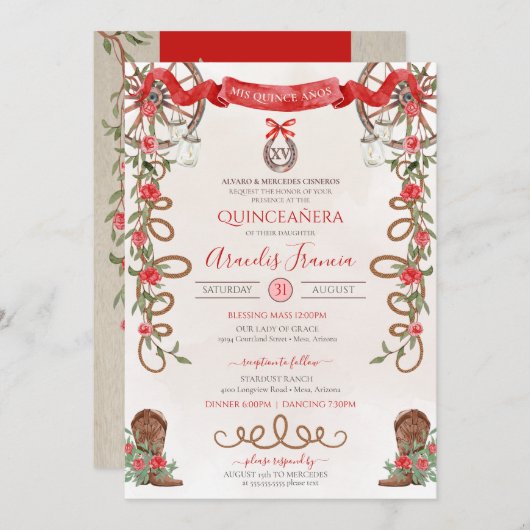Red Green Rustic Boho Western Charra Quinceanera Kaart (Voorkant / Achterkant)