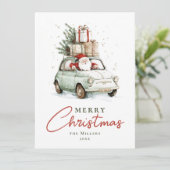 Red Green Santa Car Watercolor Christmas Feestdagenkaart (Staand voorkant)