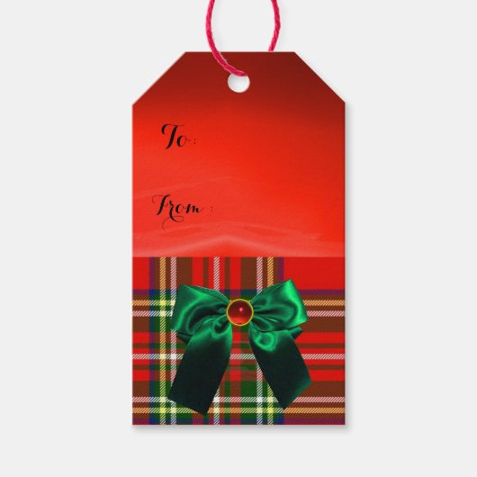 RED GREEN SCOTTISH TARTAN MET CHRISTMAS BOWS CADEAULABEL (Voorkant)