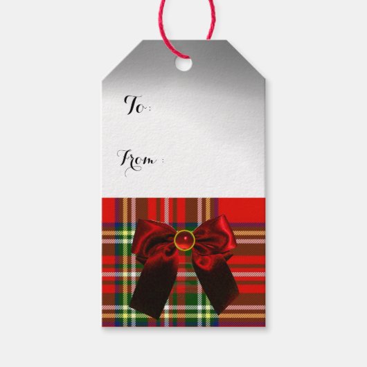 RED GREEN SCOTTISH TARTAN MET CHRISTMAS BOWS CADEAULABEL (Voorkant)