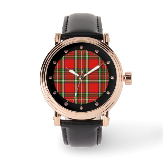 RED GREEN SCOTTISH TARTAN MET PINK GEMSTONES HORLOGE (Voorkant)