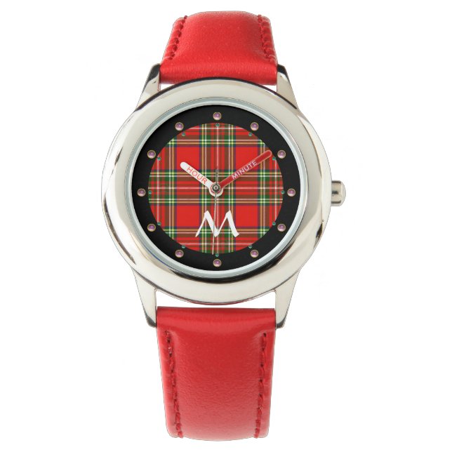 RED GREEN SCOTTISH TARTAN, PINK GEMSTONES MONOGRAM HORLOGE (Voorkant)