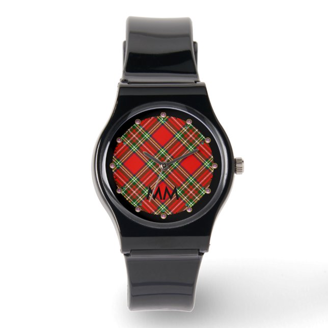 RED GREEN SCOTTISH TARTAN, PINK GEMSTONES MONOGRAM HORLOGE (Voorkant)