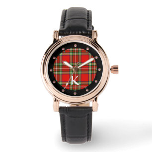 RED GREEN SCOTTISH TARTAN, PINK GEMSTONES MONOGRAM HORLOGE