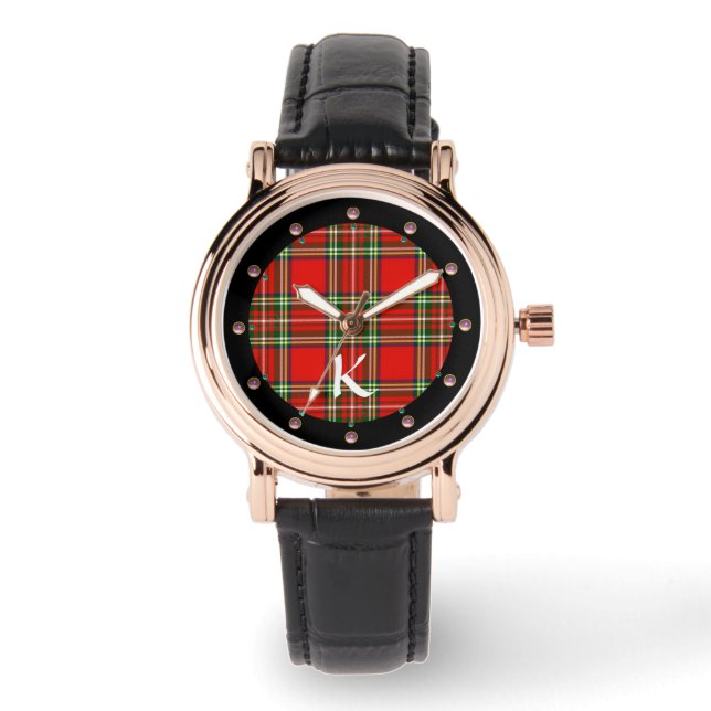 RED GREEN SCOTTISH TARTAN, PINK GEMSTONES MONOGRAM HORLOGE (Voorkant)