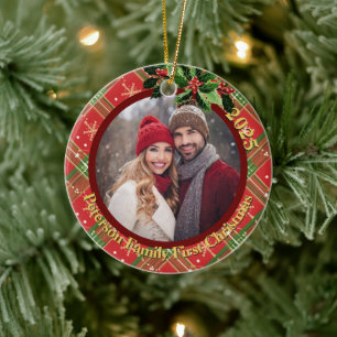 Red Green Stars Plaid Onze eerste kerstfoto Keramisch Ornament