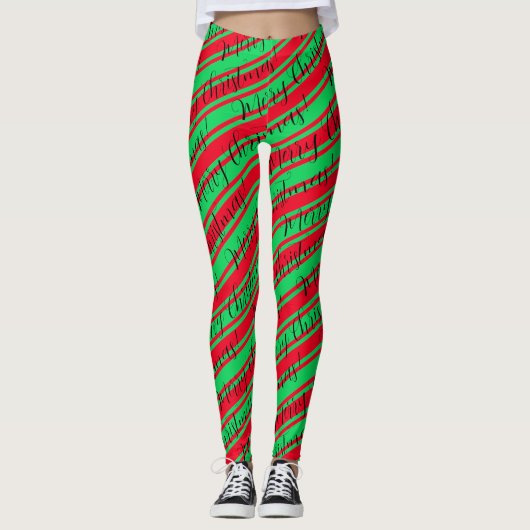 Red Green Stripe Candy Cane Merry kerst Leggings (Voorkant)