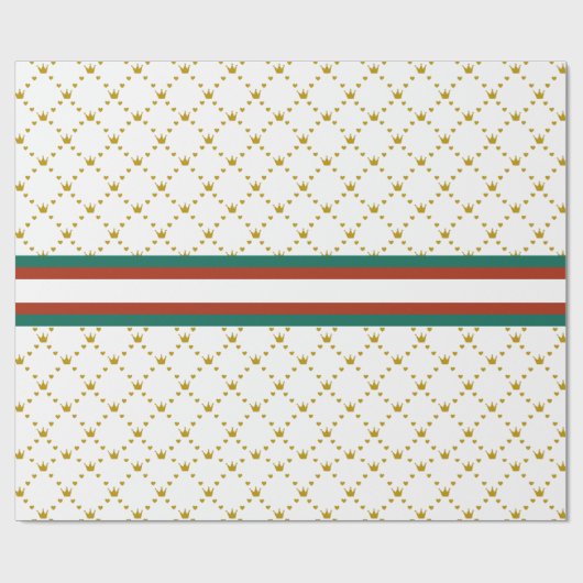 Red|Green Stripe |Gold Crown Pattern Royal Cadeaupapier (Vlak)