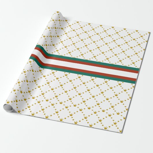 Red|Green Stripe |Gold Crown Pattern Royal Cadeaupapier (Uitgerold)