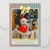 Red Green Stripes Gold Bow Merriest Christmas Folie Feestdagenkaart (Voorkant)