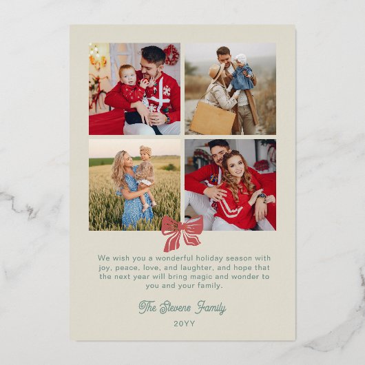 Red Green Stripes Gold Bow Merriest Christmas Folie Feestdagenkaart (Achterkant)