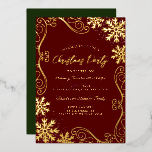 Red Green Swirl Snowflake Gold Kerstfeest Folie Uitnodiging