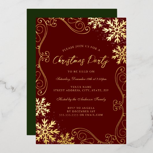 Red Green Swirl Snowflake Gold Kerstfeest Folie Uitnodiging (Voorkant / Achterkant)