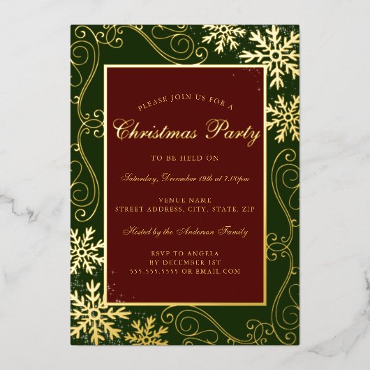 Red Green Swirl Snowflake Lijst Kerstfeest Folie Uitnodiging (Voorkant)