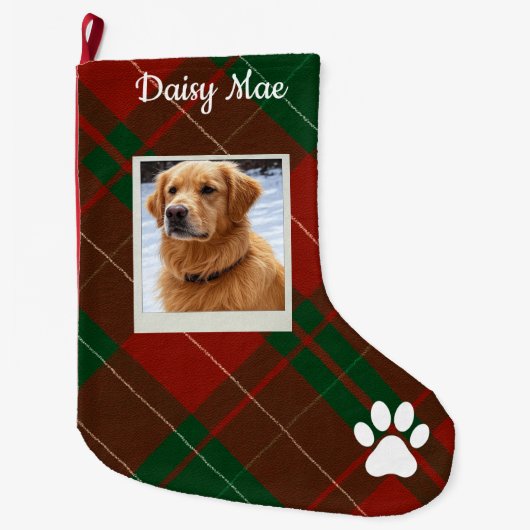 Red & Green Tartan Plaid Personalized Pet Grote Kerstsok (Voorkant)
