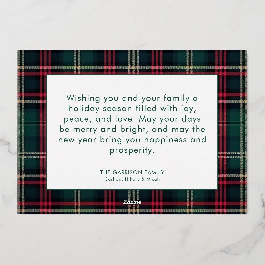 Red & Green Tartan Plaid Season's Groetjes Foto Folie Feestdagenkaart (Achterkant)
