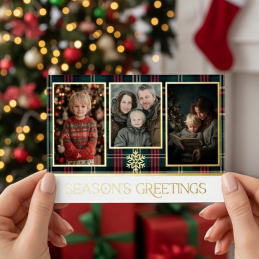 Red & Green Tartan Plaid Season's Groetjes Foto Folie Feestdagenkaart