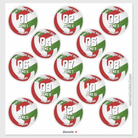 red green volleyball team stickers for 13 athletes (Vel)