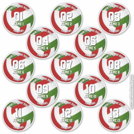 red green volleyball team stickers for 13 athletes (Voorkant)
