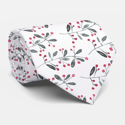 Red & Green Waterverf Holly Branch Winter Holiday Stropdas (Opgerold)