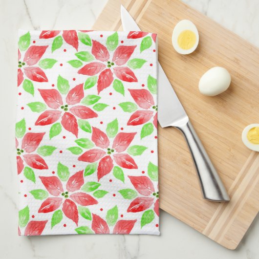 Red Green Waterverf Poinsettia Patroon Theedoek (Quarter Fold)