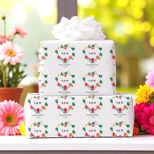 Red Green Wedding Heart Floral Cadeaupapier