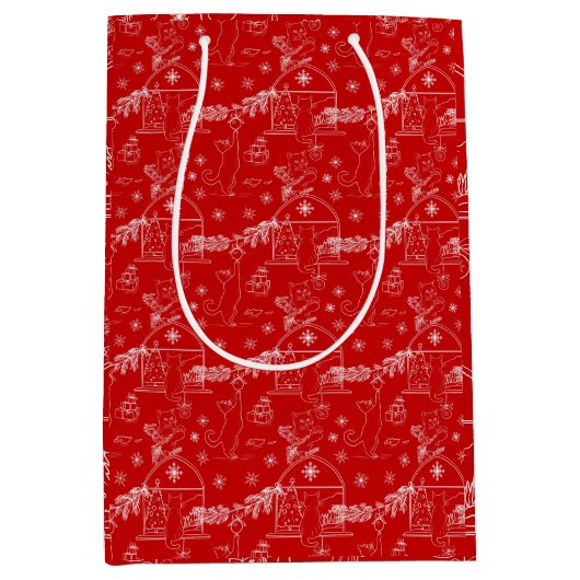 Red green & white Christmas winter cats Medium Cadeauzakje (Voorkant)