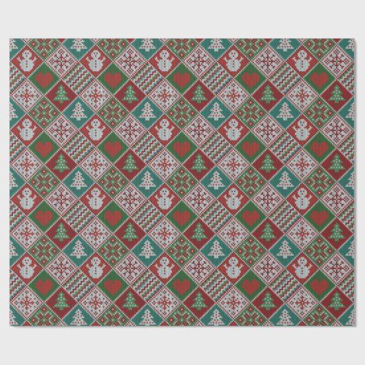 Red Green White Faux Knit-kerstpatroon Cadeaupapier (Vlak)