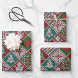 Red Green White Faux Knit-kerstpatroon Inpakpapier Vel