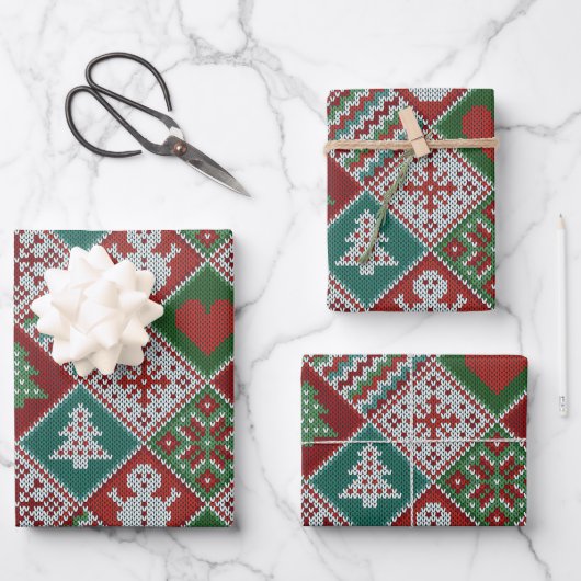 Red Green White Faux Knit-kerstpatroon Inpakpapier Vel (Voorkant)