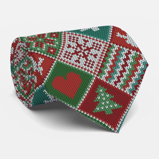 Red Green White Faux Knit-kerstpatroon Stropdas (Opgerold)
