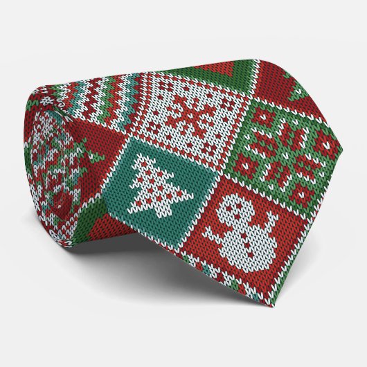 Red Green White Faux Knit-kerstpatroon Stropdas (Opgerold)
