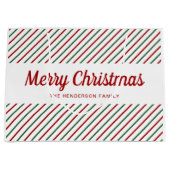 Red Green White Stripes Merry Kerstmis Groot Cadeauzakje (Voorkant)