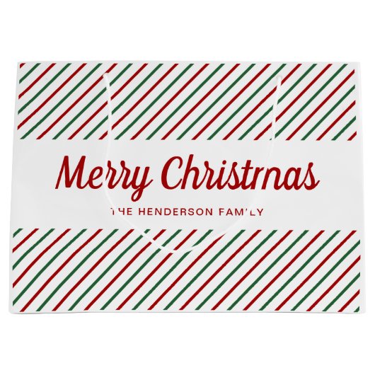 Red Green White Stripes Merry Kerstmis Groot Cadeauzakje (Voorkant)