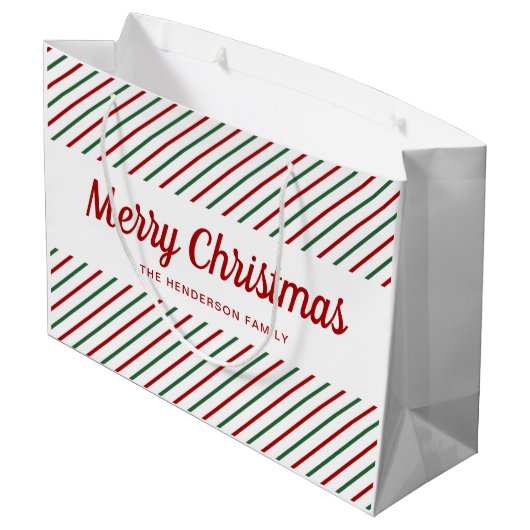 Red Green White Stripes Merry Kerstmis Groot Cadeauzakje (Achterkant Gekanteld)