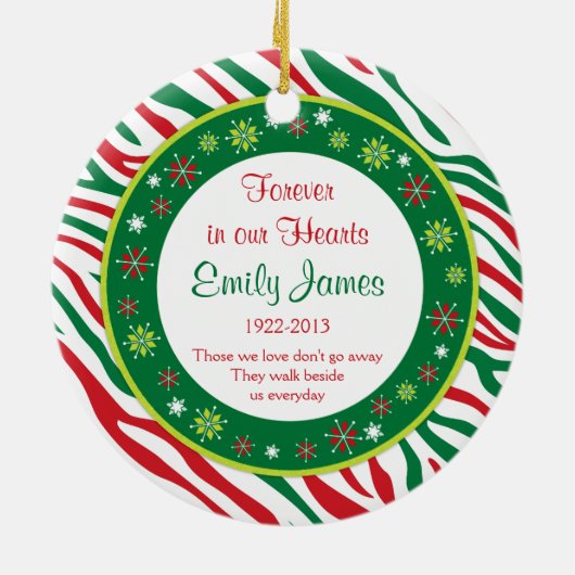 Red Green Zebra Print Memorial Foto van Kerstmis Keramisch Ornament (Achterkant)