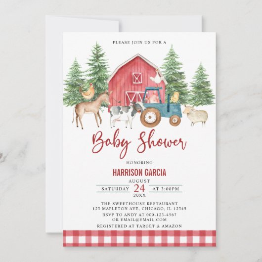 Red Greenery Barnyard Farm Animals Baby shower Kaart (Voorkant)