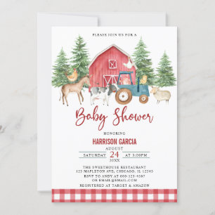 Red Greenery Barnyard Farm Animals Baby shower Kaart