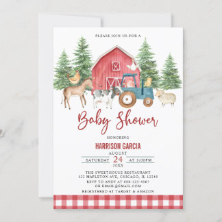 Red Greenery Barnyard Farm Animals Baby shower Kaart