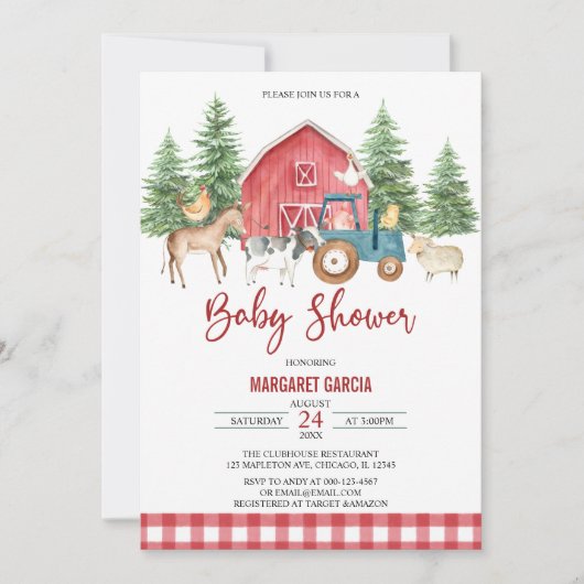 Red Greenery Barnyard Farm Animals Baby shower Kaart (Voorkant)