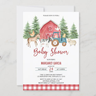 Red Greenery Barnyard Farm Animals Baby shower Kaart