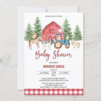 Red Greenery Barnyard Farm Animals Baby shower Kaart