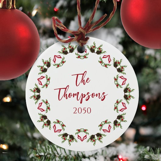 Red Greenery Kerstfoto Keramisch Ornament