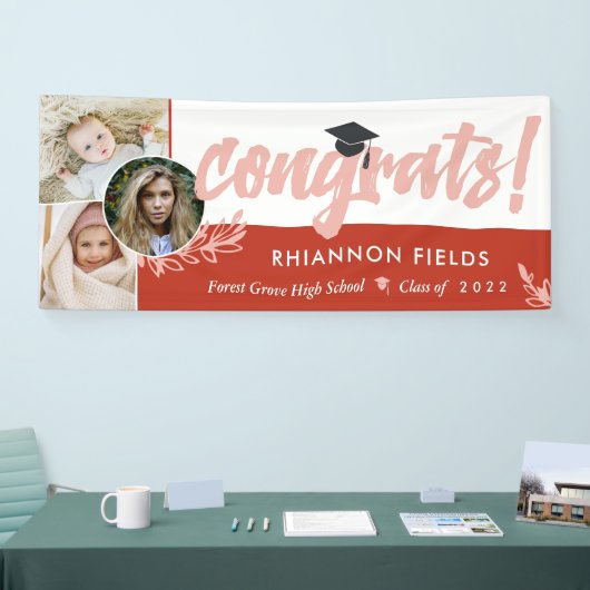 Red Greenery Overlapping Photos Congrats Afstudere Spandoek (Beurs)