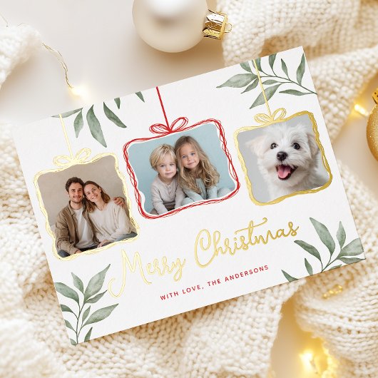 Red & Greenery Photo Gold Foil Holiday Kaart