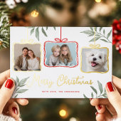 Red & Greenery Photo Gold Foil Holiday Kaart